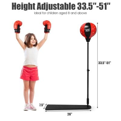 Kids boxing punching bag with adjustable height, ideal for children aged 8 and above. Features durable construction and includes boxing gloves for safe, fun training at home or gym.