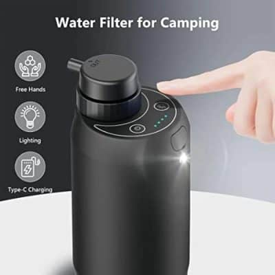 Portable water filter for camping, outdoor activities, and travel, featuring hands-free operation, LED lighting, and Type-C charging for easy use and maintenance.