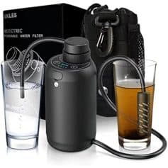 Compact portable water filter with drinking accessories, ideal for travel, camping, or emergencies, ensuring clean and safe drinking water anytime. Perfect for outdoor use and emergency preparedness.