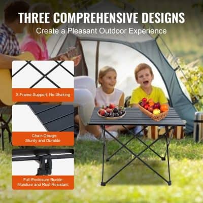 High-quality portable outdoor table with durable chain design and moisture-resistant buckle, ideal for camping, picnics, and outdoor gatherings. No shaking supported by strong X-frame support.