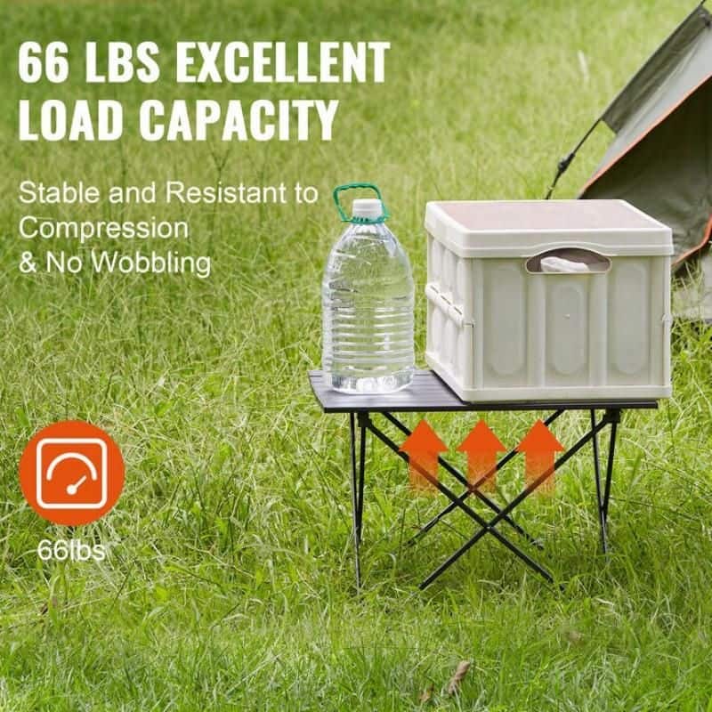 Durable camping table with a 66 lbs load capacity, resistant to compression, wobbling, and suitable for outdoor use. Perfect for outdoor activities like camping, picnics, and fishing trips.