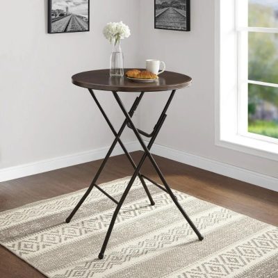 Stylish black and brown foldable table with a smooth round surface, ideal for small spaces and multi-purpose rooms.