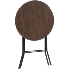 Stylish round wooden table with black metal legs, perfect for home or office decor, combining elegance and durability for versatile use.