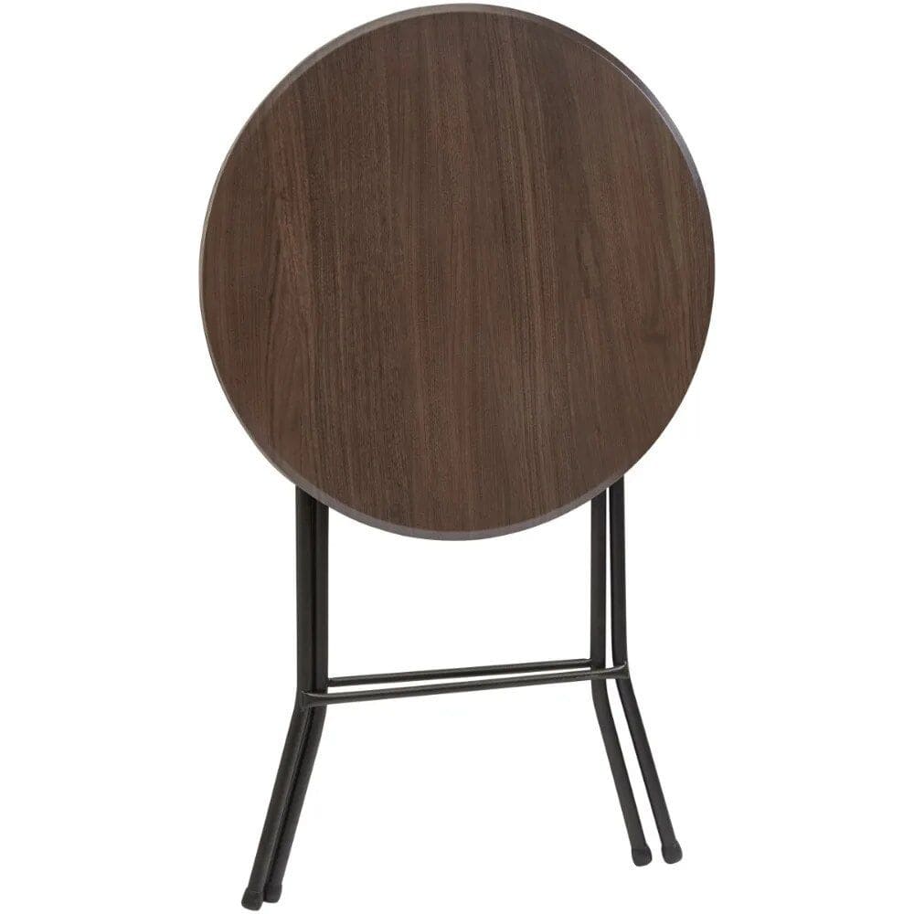 Stylish round wooden table with black metal legs, perfect for home or office decor, combining elegance and durability for versatile use.