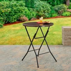 Outdoor foldable table with black metal frame and wooden top, perfect for gardens and patios, ideal for outdoor dining and entertaining, durable and stylish.