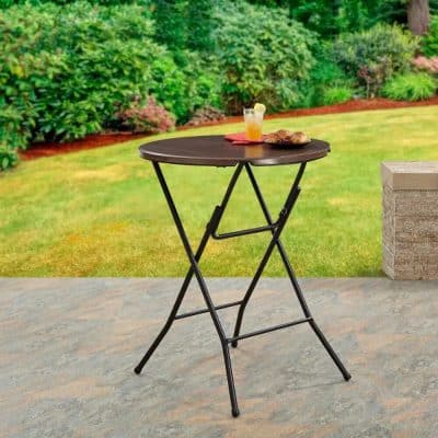 Outdoor foldable table with black metal frame and wooden top, perfect for gardens and patios, ideal for outdoor dining and entertaining, durable and stylish.