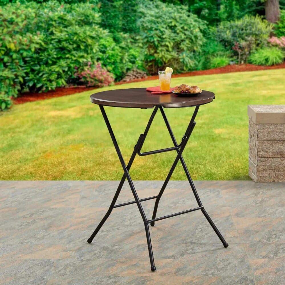 Outdoor foldable table with black metal frame and wooden top, perfect for gardens and patios, ideal for outdoor dining and entertaining, durable and stylish.