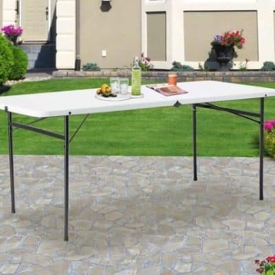 Lightweight, portable outdoor table ideal for events, picnics, and gatherings with sturdy metal legs and a smooth white surface. Perfect for versatile outdoor use.