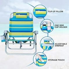 Bright striped beach chair with fold-up pillow, adjustable armrest, and side cup holder for comfort.