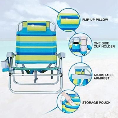 Bright striped beach chair with fold-up pillow, adjustable armrest, and side cup holder for comfort.