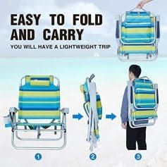 Lightweight foldable beach chair with striped fabric, easy to carry and store perfect for outdoor activities and beach trips.