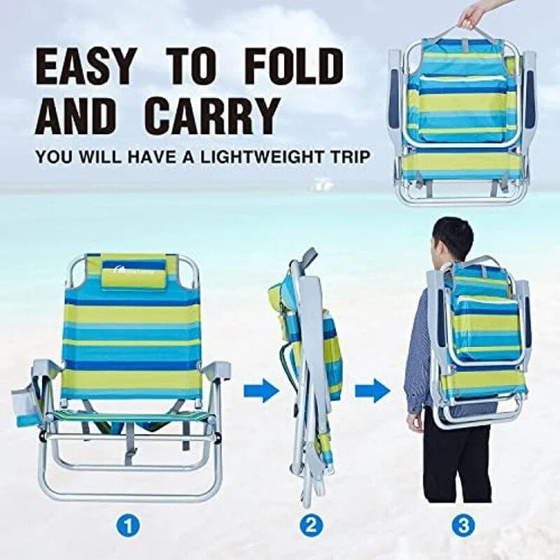 Lightweight foldable beach chair with striped fabric, easy to carry and store perfect for outdoor activities and beach trips.