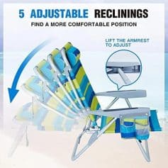 Comfortable multi-reclining outdoor chair with adjustable positions for relaxation on the beach or patio. Features a lightweight frame, foldable design, and built-in storage pockets.