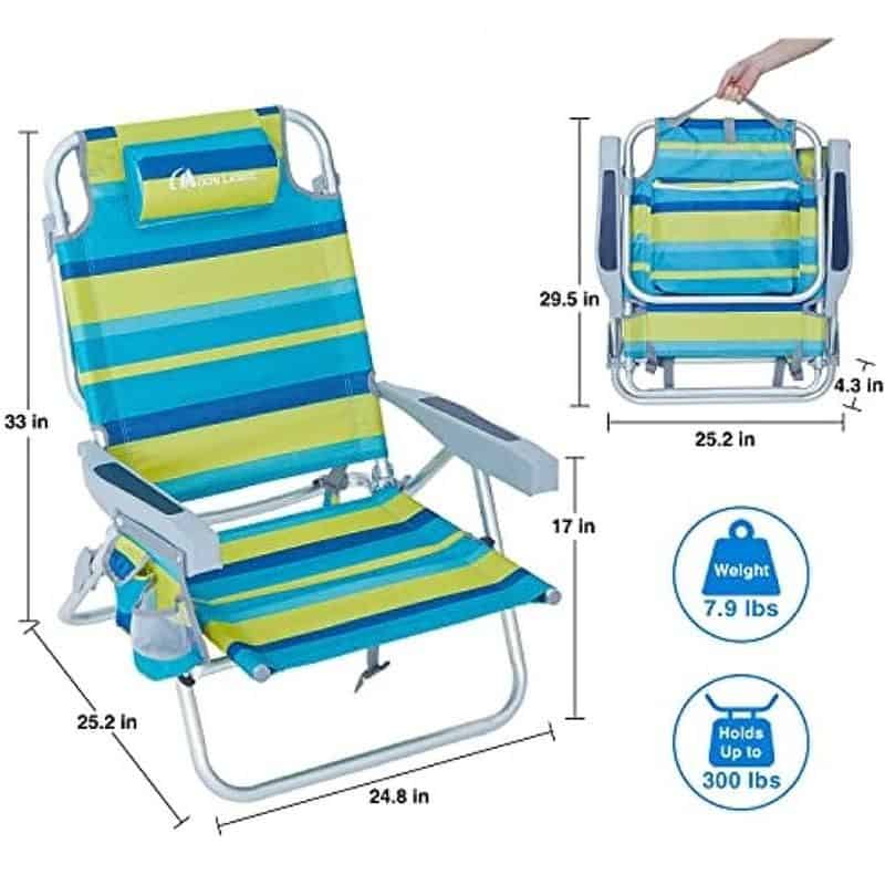 Comfortable foldable outdoor reclining beach chair with adjustable armrests, lightweight frame, and vibrant striped fabric for summer relaxation.