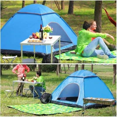 Enjoy a weekend camping trip with friends and family in this spacious blue tent, set up in a lush park. Complete with outdoor dining, snacks, wine, and relaxing atmosphere.