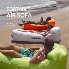 An inflatable portable air sofa ideal for beach trips, outdoor lounging, and relaxing by the water. Perfect for travel, camping, and outdoor activities, offering lightweight comfort and easy portability.