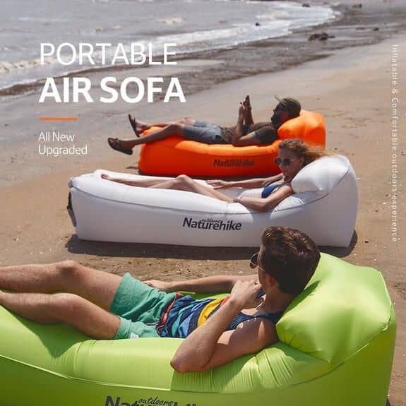 An inflatable portable air sofa ideal for beach trips, outdoor lounging, and relaxing by the water. Perfect for travel, camping, and outdoor activities, offering lightweight comfort and easy portability.
