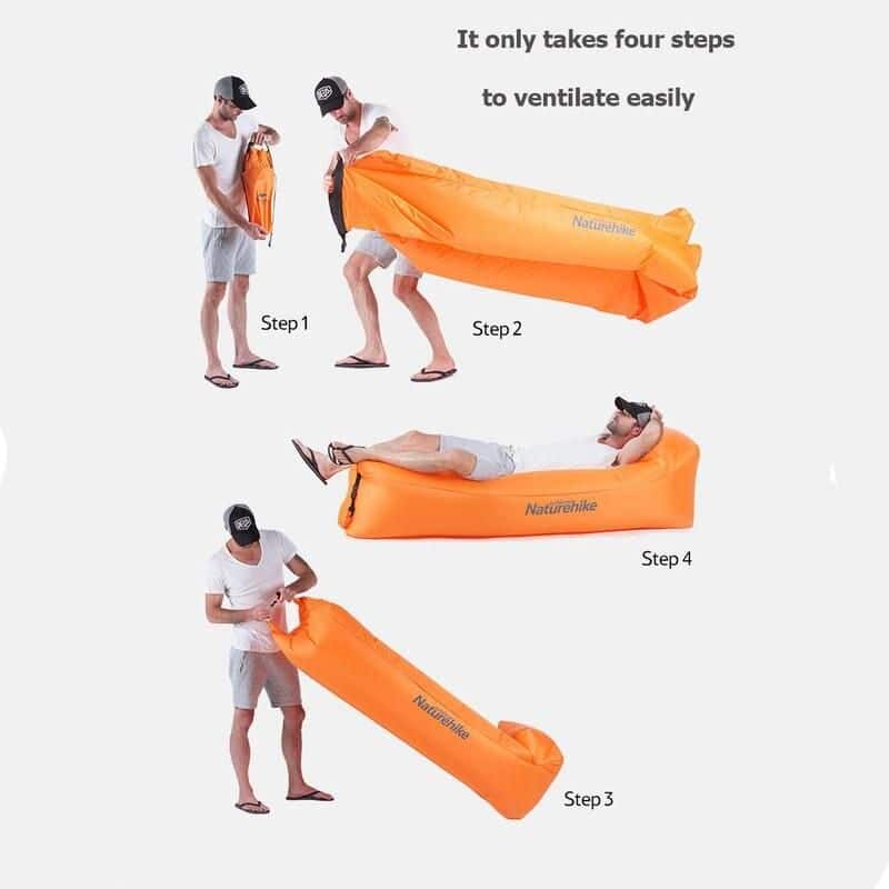 Portable inflatable sleeping bag for outdoor camping and travel comfort.