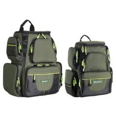 Durable green travel backpack with multiple compartments for optometry equipment, lenses, and tools. Lightweight with ergonomic design, ideal for eye care professionals on the go.