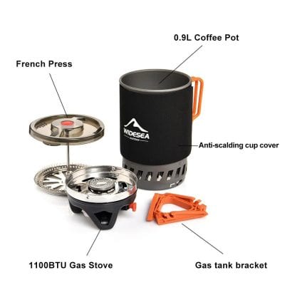 Durable outdoor camping stove with 0.9L coffee pot, anti-scalding cover, gas tank bracket, and portable gas stove for camping and outdoor cooking.