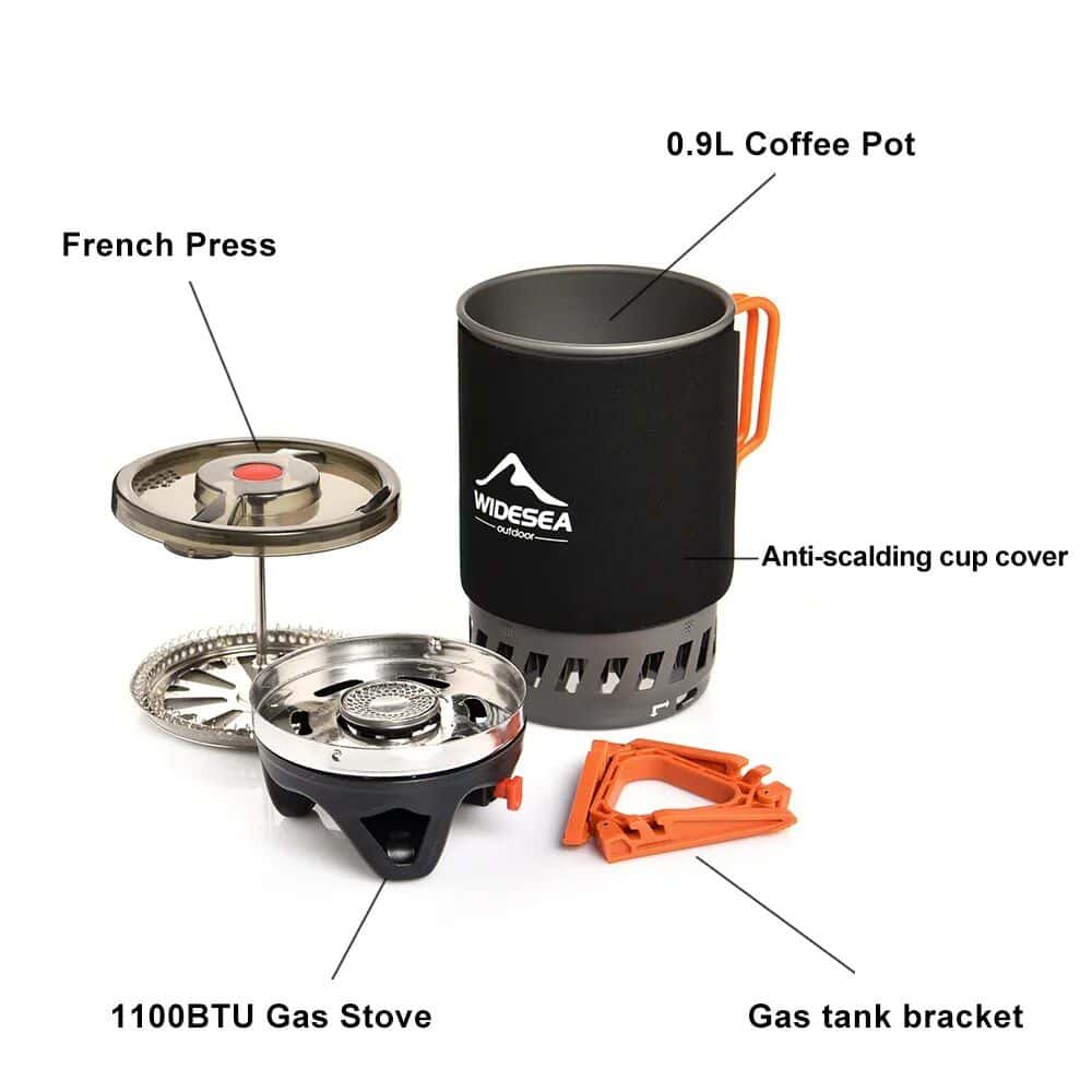Durable outdoor camping stove with 0.9L coffee pot, anti-scalding cover, gas tank bracket, and portable gas stove for camping and outdoor cooking.
