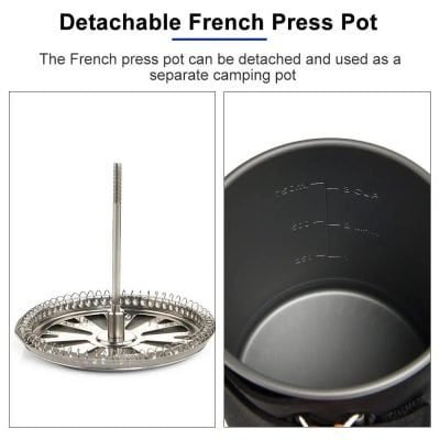 Detailed image of a detachable French press pot with measurement markings, ideal for travel or camping, showcasing durable stainless steel construction and easy disassembly for convenience.