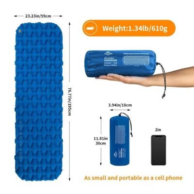 Highly portable blue inflatable sleeping pad for camping and outdoor activities, lightweight design, compact with cell phone size dimensions.