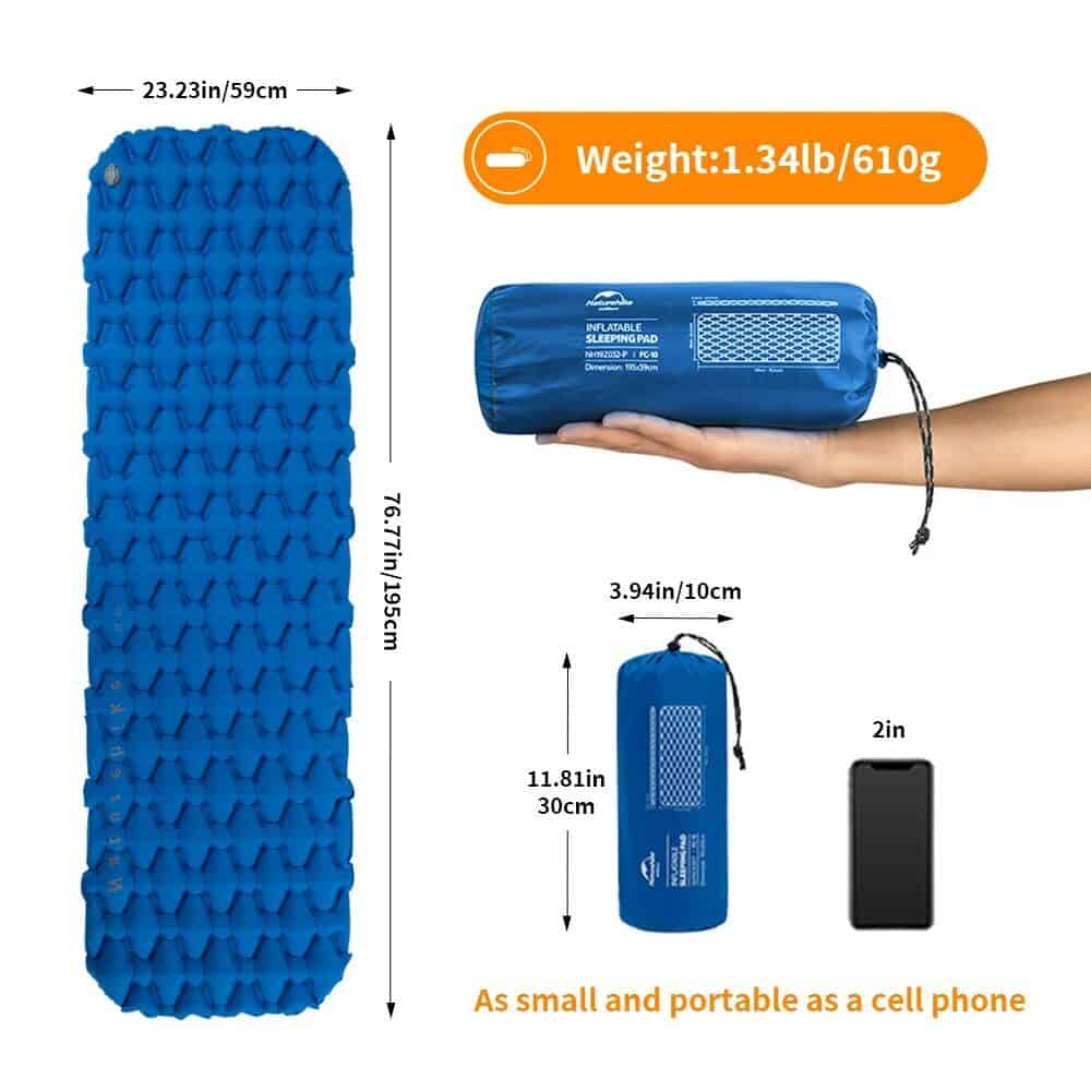 Highly portable blue inflatable sleeping pad for camping and outdoor activities, lightweight design, compact with cell phone size dimensions.