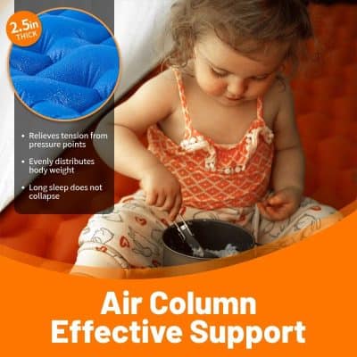 Bright blue inflatable mattress with 2.5-inch thickness, designed to relieve pressure points, evenly distribute body weight, and ensure long, restful sleep for children. Perfect for relaxation and support.