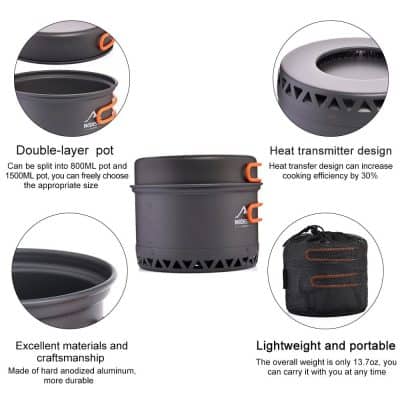 Durable, lightweight, and portable double-layer pot with heat transfer design for improved cooking efficiency. Made of anodized aluminum, ideal for travel and outdoor use.
