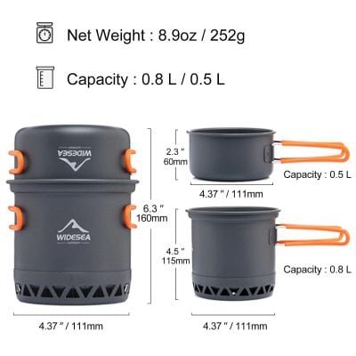 Lightweight and durable camping cookware set with foldable handles, ideal for outdoor cooking, hiking, and travel. Includes two sizes: 0.5L and 0.8L pots for versatile meal preparation during camping trips.