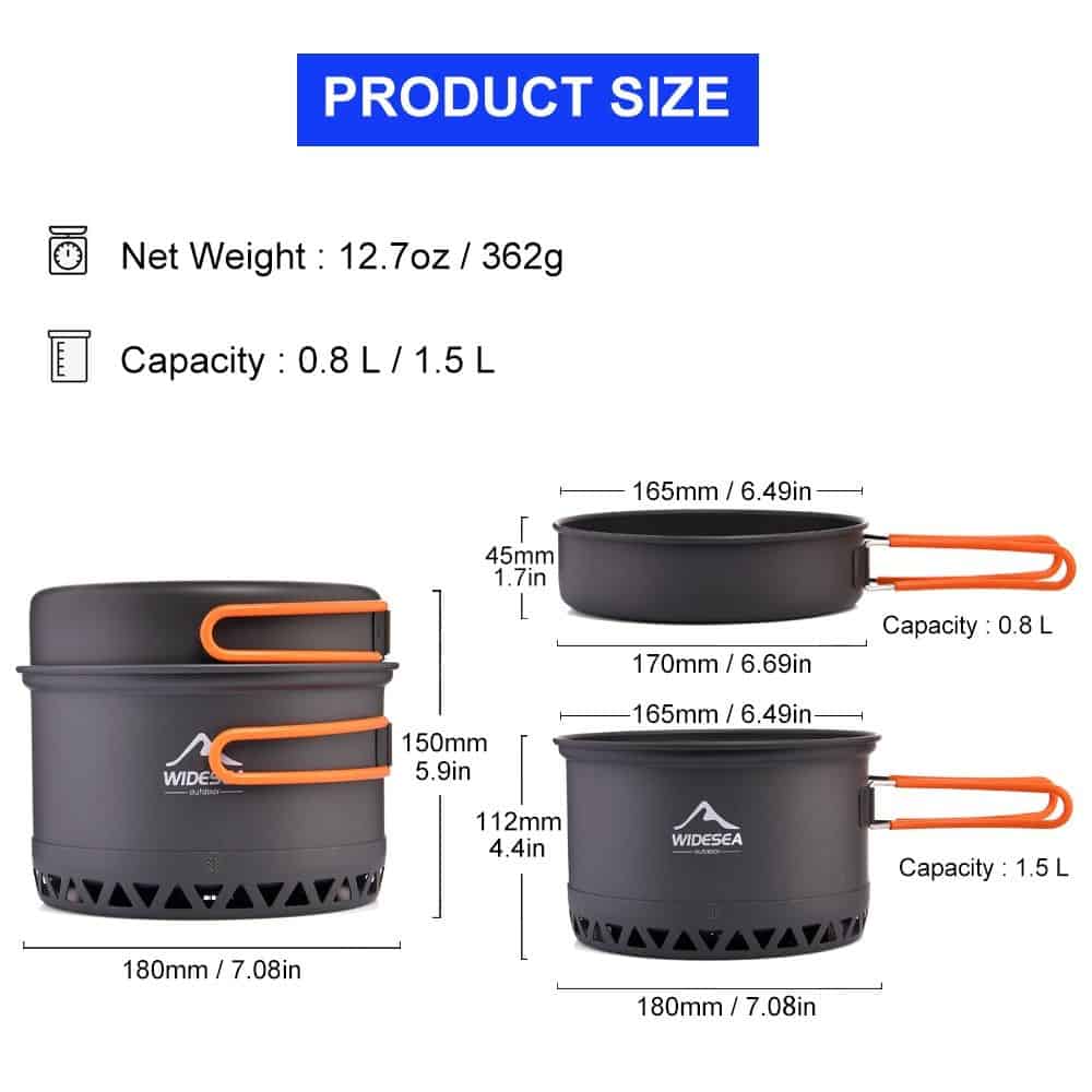 Lightweight camping cookware set with 0.8L and 1.5L pots, aluminum construction, foldable handles, ideal for hiking, backpacking, and outdoor camping. Easy to carry and store for outdoor cooking needs.