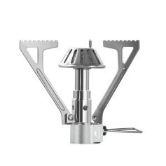Compact camping stove for outdoor cooking, featuring a durable windshield for efficient heat retention and stability, ideal for backpackers and outdoor enthusiasts.