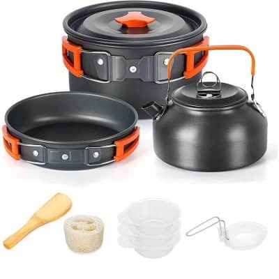 Lightweight, durable camping cookware set includes pot, pan, kettle, utensils, and accessories designed for outdoor cooking adventures and camping trips. Perfect for backpackers and hikers.