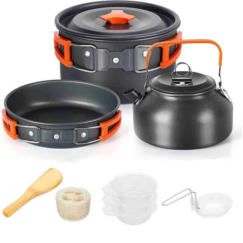 Lightweight, durable camping cookware set includes pot, pan, kettle, utensils, and accessories designed for outdoor cooking adventures and camping trips. Perfect for backpackers and hikers.