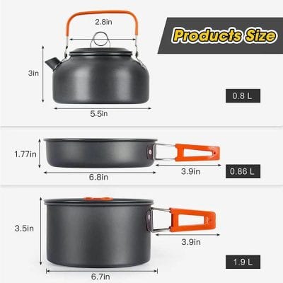 High-quality camping kettle and pot for outdoor cooking and travel, featuring detailed measurements and capacity in liters for efficient meal preparation on the go.