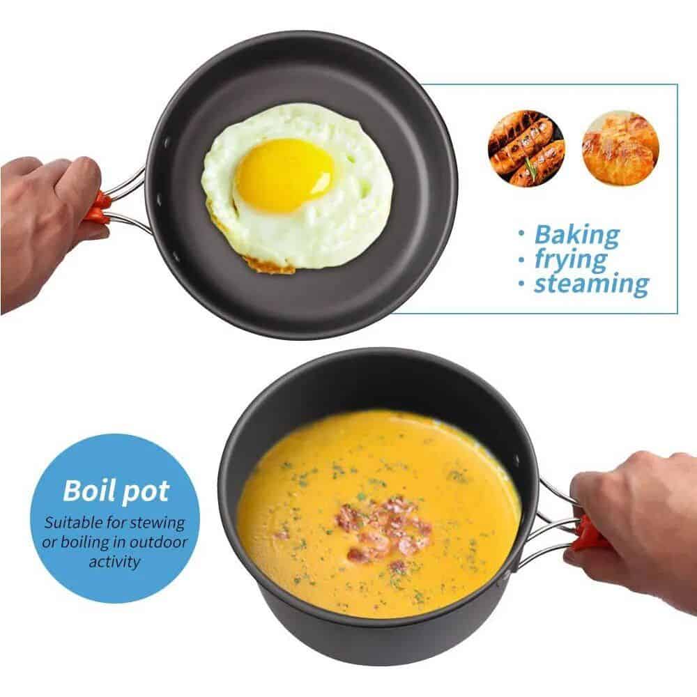 Egg fry pan with fried egg, ideal for breakfast, cooking, and kitchen use, showcasing frying, baking, steaming techniques.