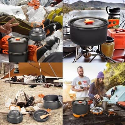 Versatile camping cookware set for outdoor adventures, camping, hiking, and backpacking, includes durable pots, pans, and utensils for meal prep in nature.
