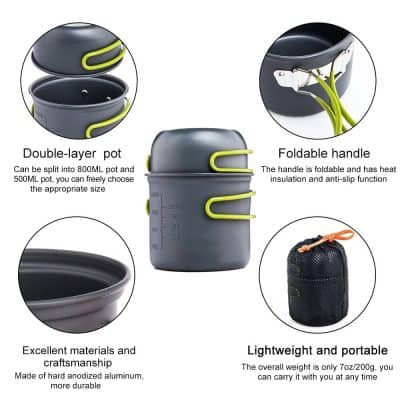 2. Portable double-layer pot with foldable handle, lightweight design, made from durable anodized aluminum, perfect for travel and outdoor cooking.