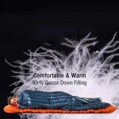 High-quality sleeping bag with 90% goose down filling for warmth and comfort. Perfect for camping, outdoor adventures, and cold-weather camping trips.