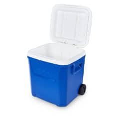 Portable blue and white ice cooler with wheels, ideal for medical storage of temperature-sensitive supplies and vaccines, ensuring safety and freshness.