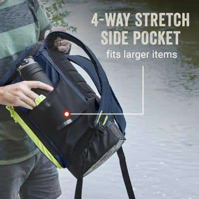Durable 4-way stretch side pocket fits larger items, ideal for travel or outdoor activities. Spacious, flexible, and perfect for carrying water bottles, accessories, or small gadgets with ease.