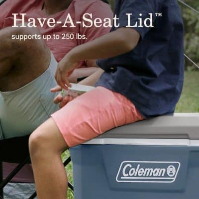 Support up to 250 lbs, portable seat for outdoor activities, camping, and fishing, featuring durable Coleman cooler lid.