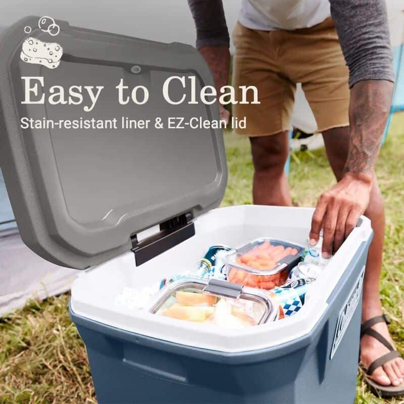 Highly durable, stain-resistant cooler with EZ-Clean lid for easy maintenance, perfect for outdoor picnics and camping trips, keeping food fresh and cold during your adventures.