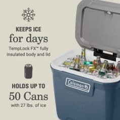 Ice cooler keeps drinks cold for days, fully insulated with TempLock FXâ„¢. Holds up to 50 cans and 27 lbs. of ice, perfect for outdoor activities, picnics, and events.