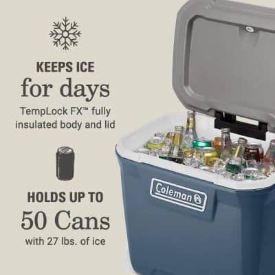 Ice cooler keeps drinks cold for days, fully insulated with TempLock FX™. Holds up to 50 cans and 27 lbs. of ice, perfect for outdoor activities, picnics, and events.