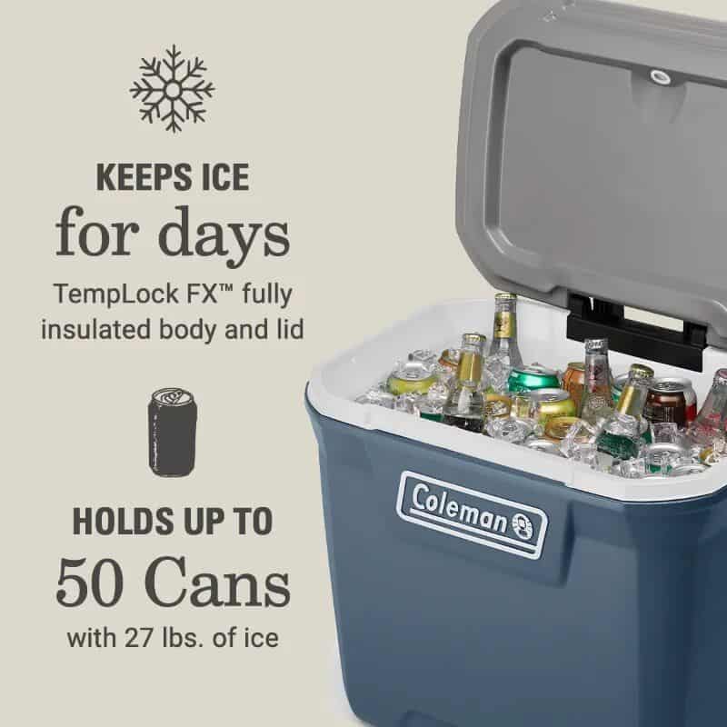 Ice cooler keeps drinks cold for days, fully insulated with TempLock FXâ„¢. Holds up to 50 cans and 27 lbs. of ice, perfect for outdoor activities, picnics, and events.