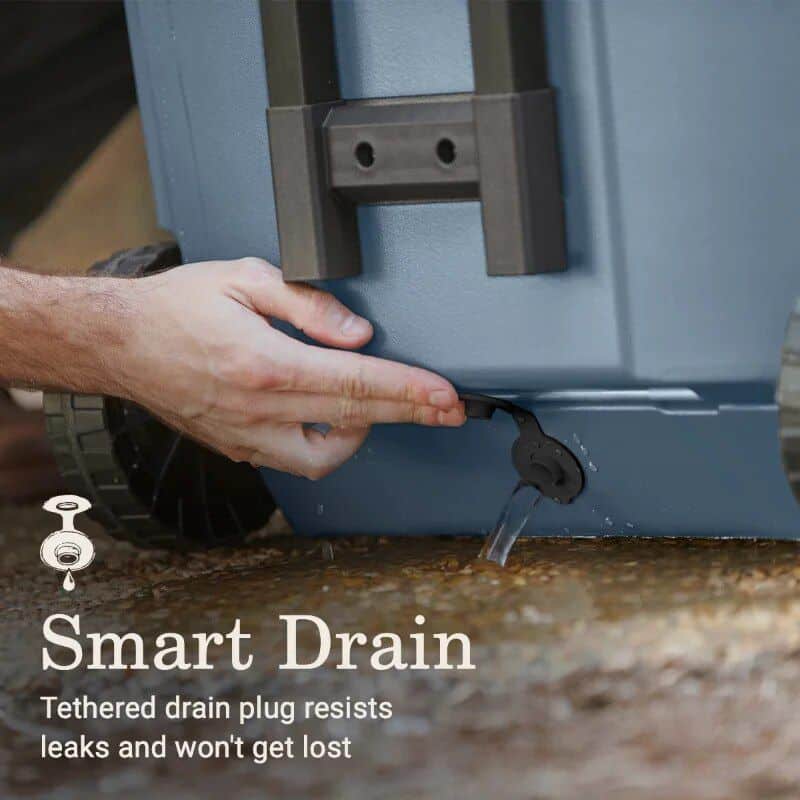 Close-up of a person's hand tightening a drain plug on a portable medical equipment, showcasing the smart drain feature for leak prevention and secure attachment.