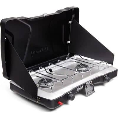 Stainless steel portable gas stove with two burners, ideal for camping, outdoor cooking, and travel, offering reliable performance and easy portability.