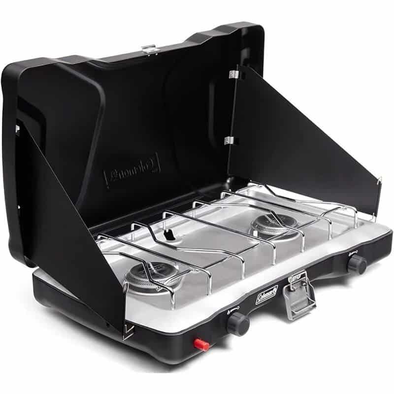 Stainless steel portable gas stove with two burners, ideal for camping, outdoor cooking, and travel, offering reliable performance and easy portability.